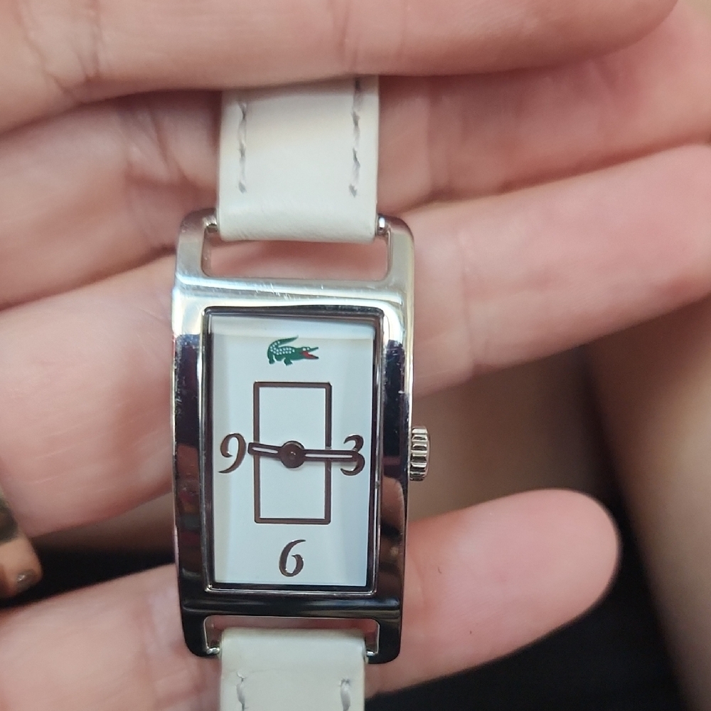 Lacoste Silver Tank watch with White Leather Band